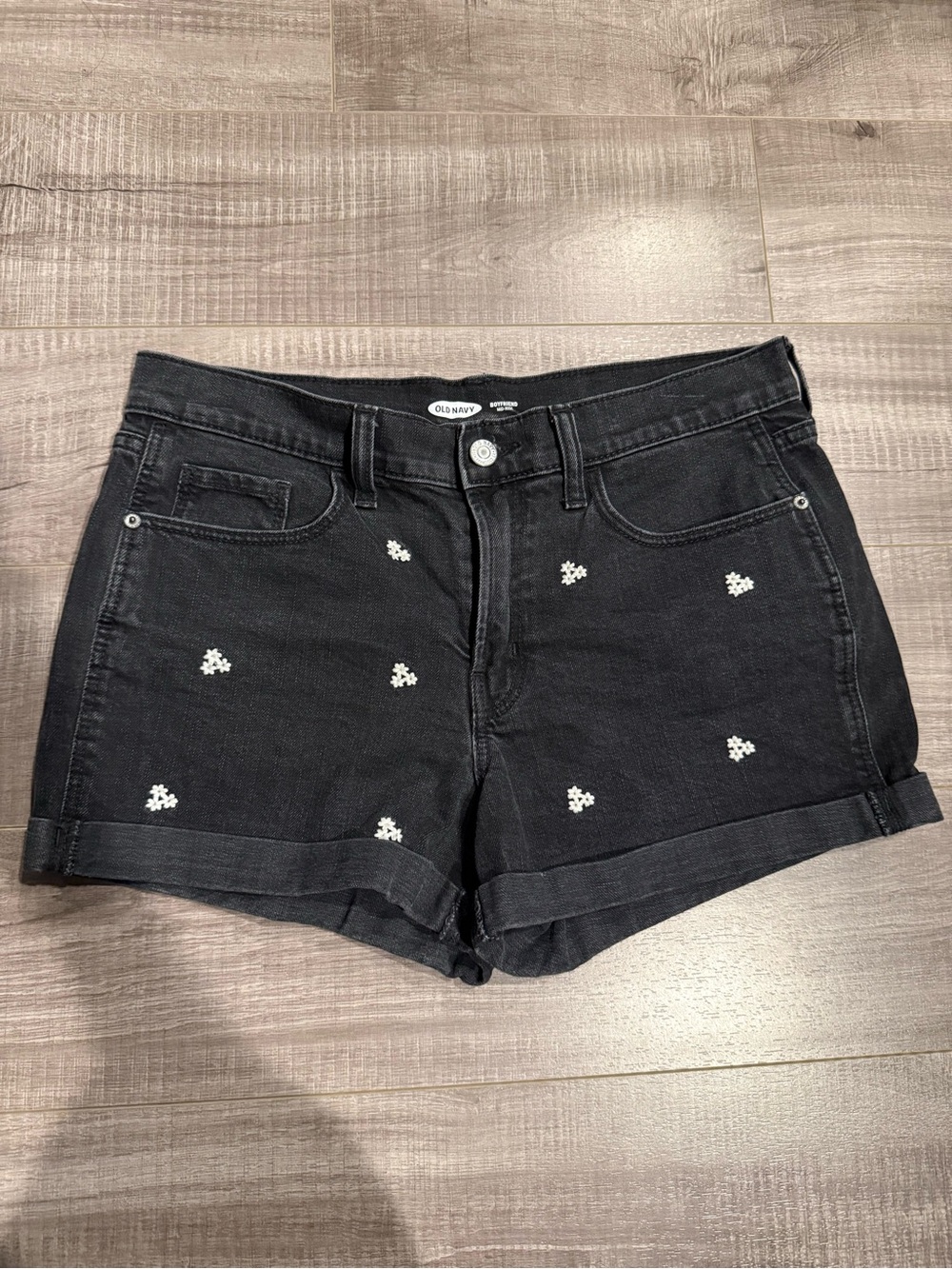 Old Navy Black Denim Shorts with White Floral Dots